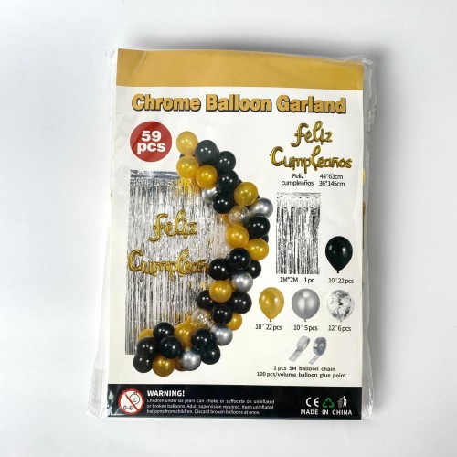 SET DE GLOBOS FELIZ CUMPLEAÑOS CHROME 59PCS #PLA-DORADO X 1SET